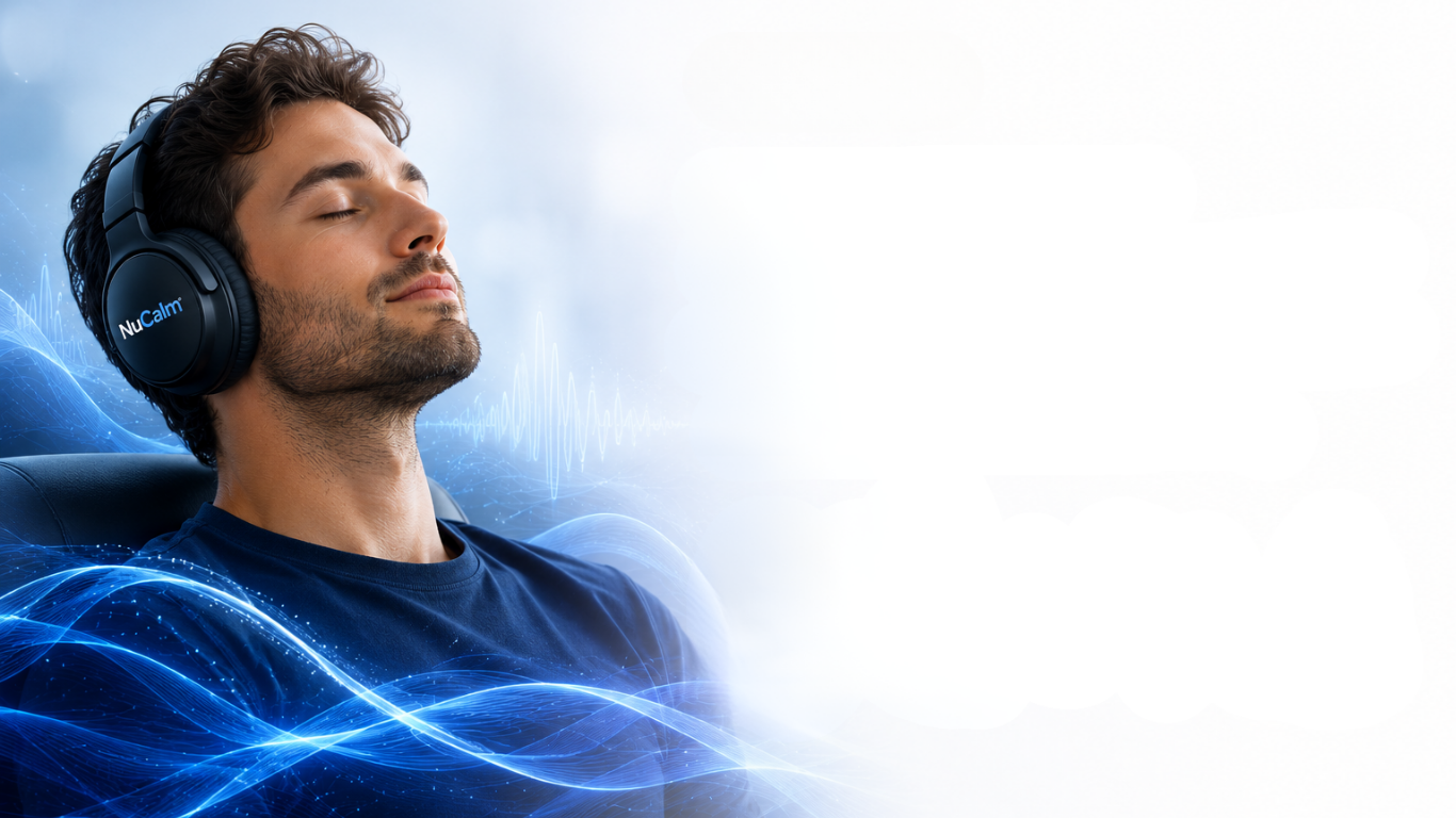 Man relaxing with NuCalm headphones